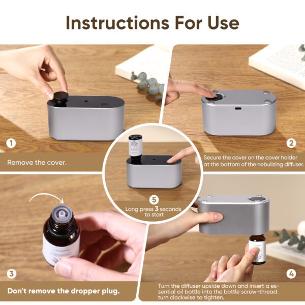Waterless Diffuser for Home Essential Oil Diffuser, Aromatherapy Diffuser, Portable Scent Diffusers, 3 Mist Modes, Cycle Start for Bedroom, Office Studio 160-350 sq. ft Silver - Image 7