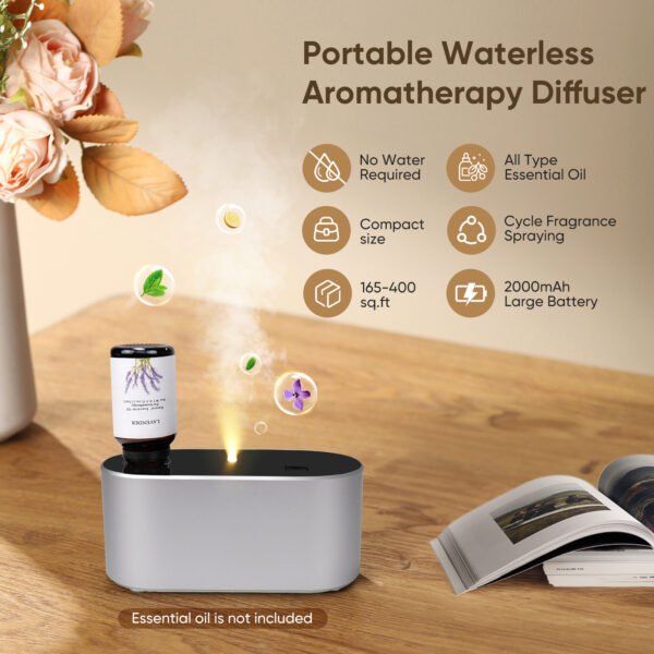 Waterless Diffuser for Home Essential Oil Diffuser, Aromatherapy Diffuser, Portable Scent Diffusers, 3 Mist Modes, Cycle Start for Bedroom, Office Studio 160-350 sq. ft Silver - Image 2