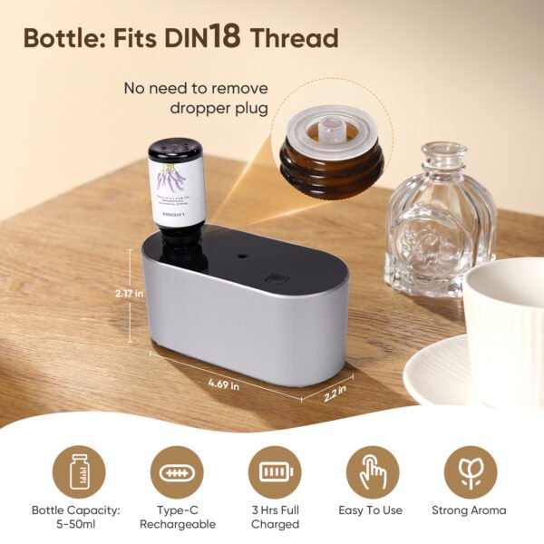 Waterless Diffuser for Home Essential Oil Diffuser, Aromatherapy Diffuser, Portable Scent Diffusers, 3 Mist Modes, Cycle Start for Bedroom, Office Studio 160-350 sq. ft Silver - Image 3